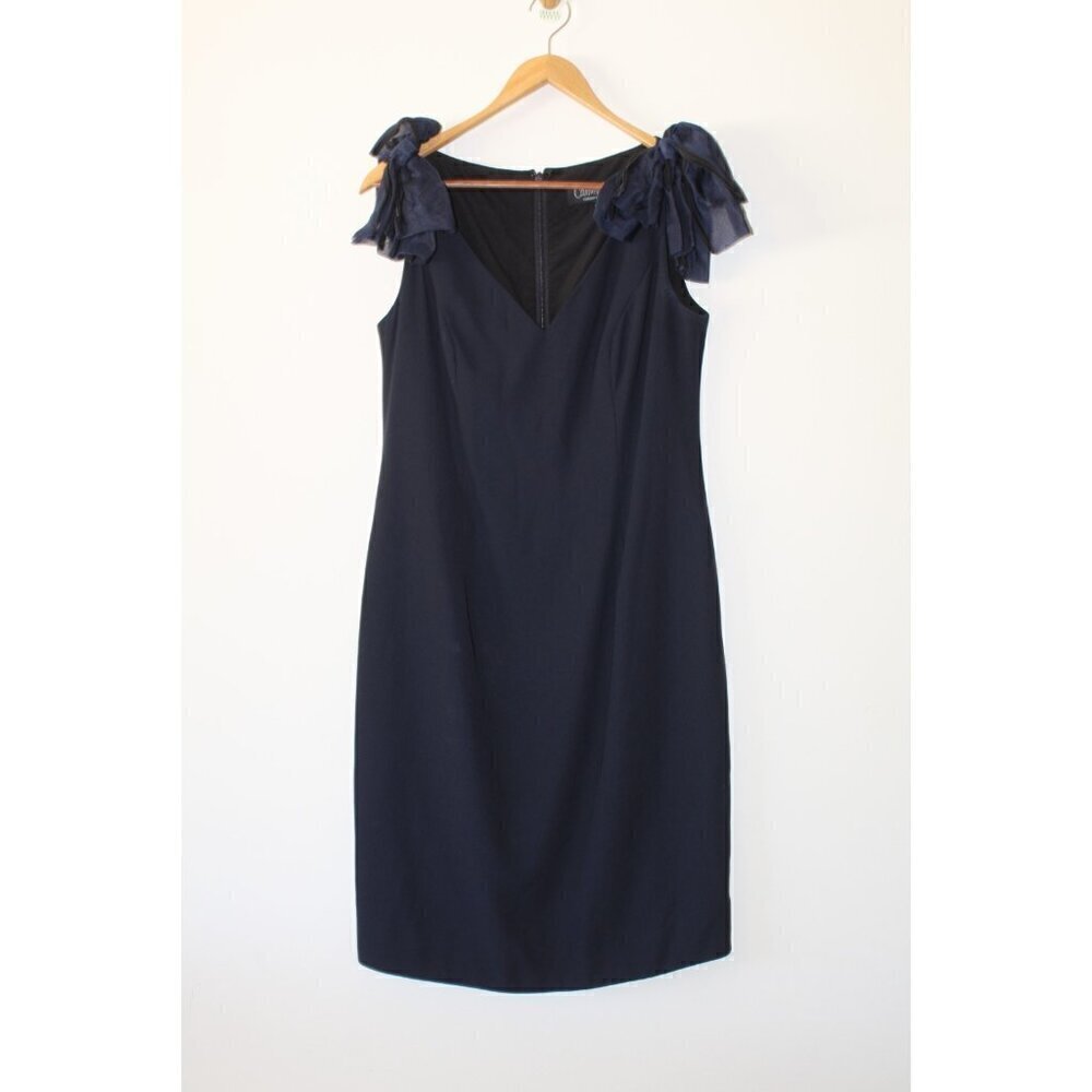 Carmen Marc Valvo Navy Blue Cocktail Mini Dress Size 6 Bow detail Zip up Career